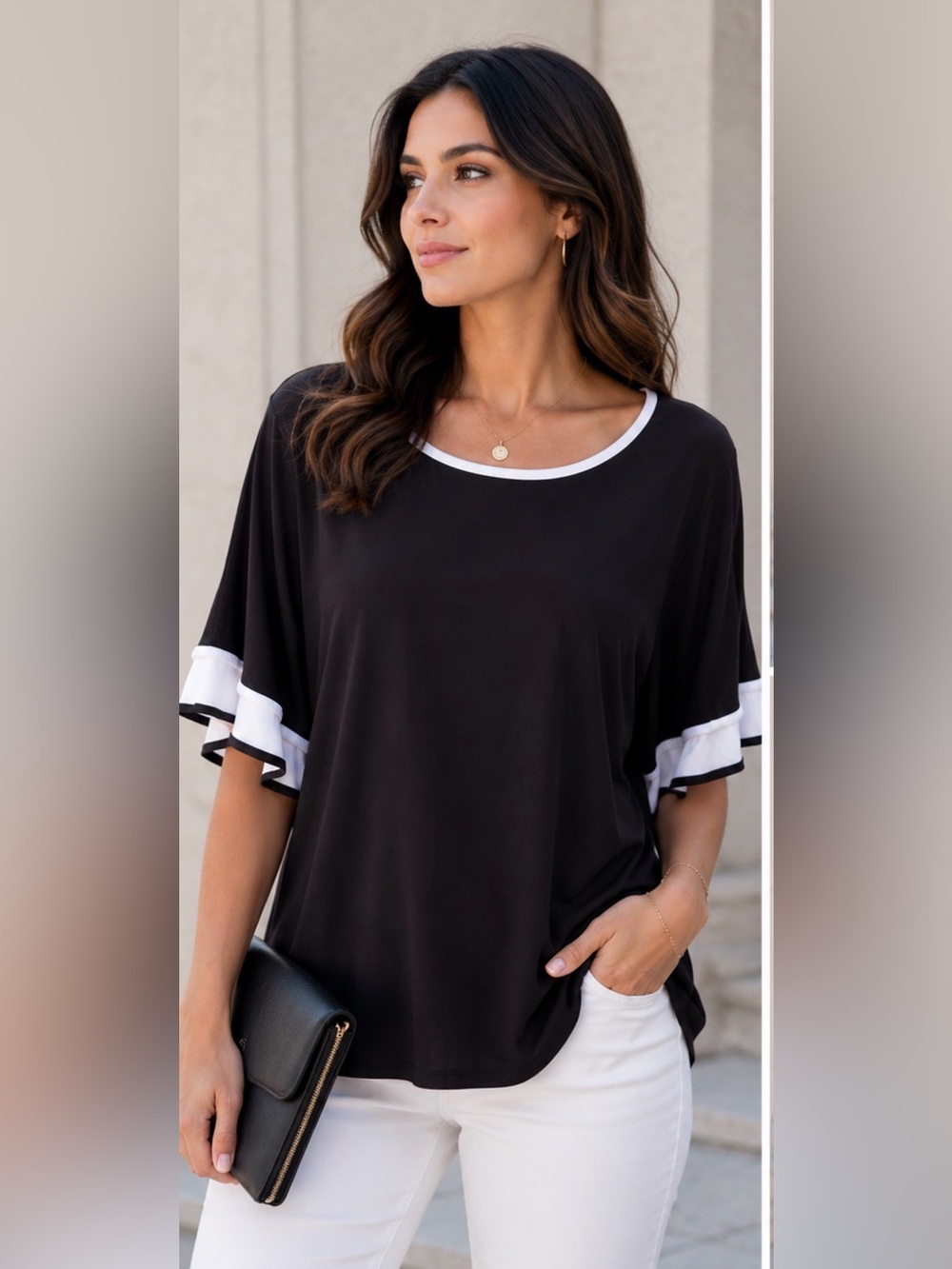 Coco Bianco XL Black White Ruffle Sleeve Blouse Career Casual Top